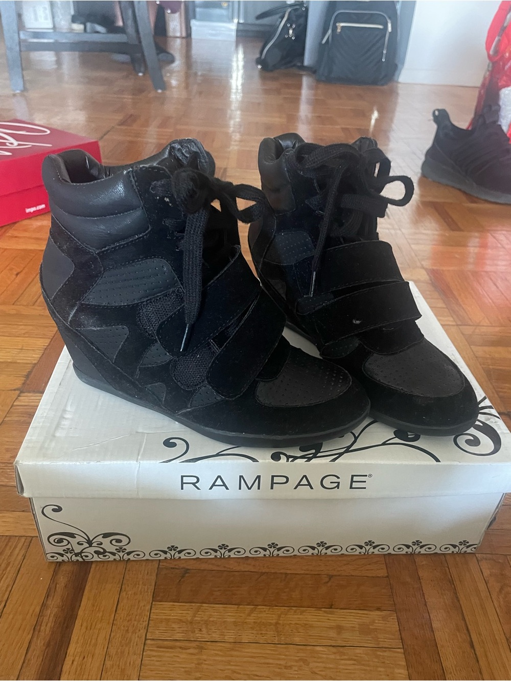 Rampage Black Wedge Sneaker Booties with Velcro Straps